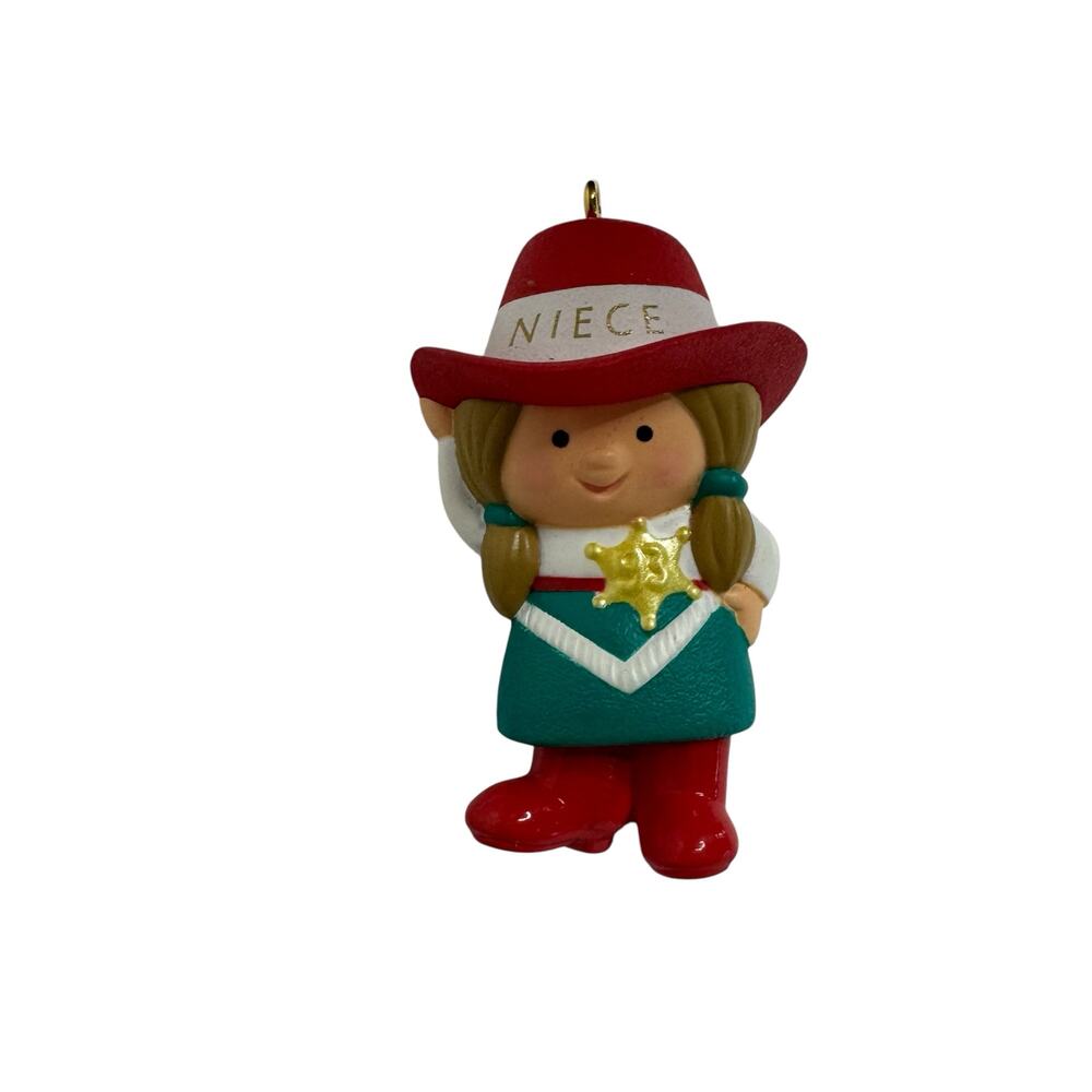 Vintage HALLMARK 1993 Cowgirl Niece Christmas Ornament Sheriff Blonde Red Hat